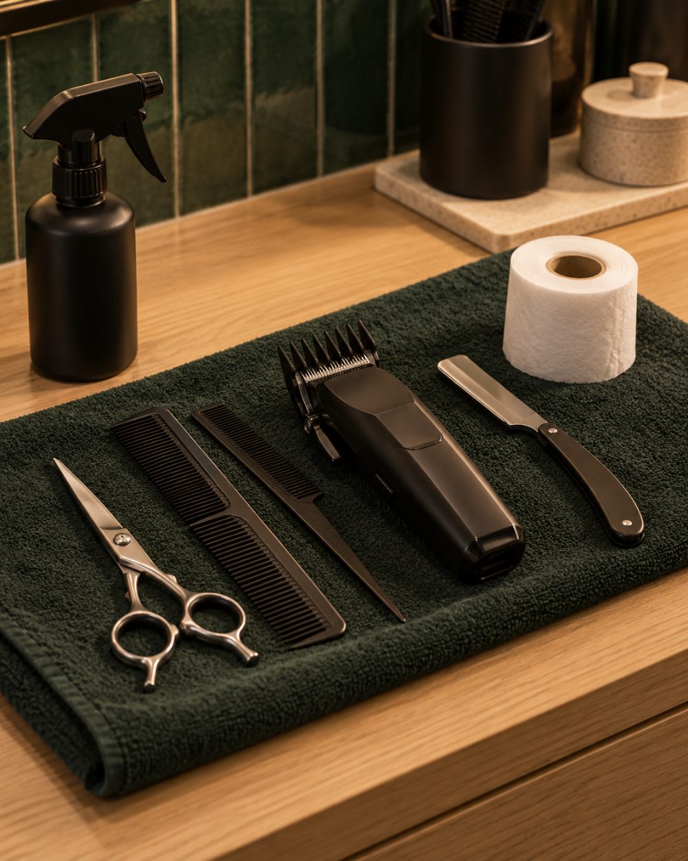 Clean clippers, combs and a straight razor laid out on an oak counter